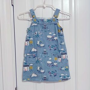 mini Boden girls blue corduroy dress with cute animal prints, 3-4 years